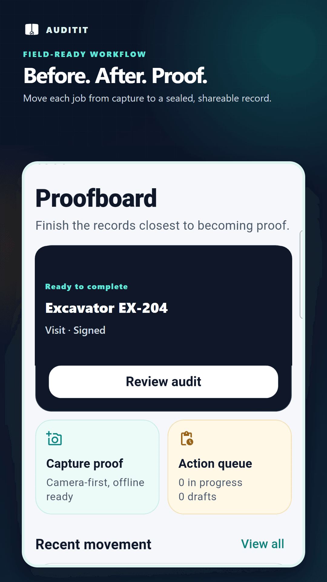 AuditIt mobile Proofboard with an equipment audit ready for review