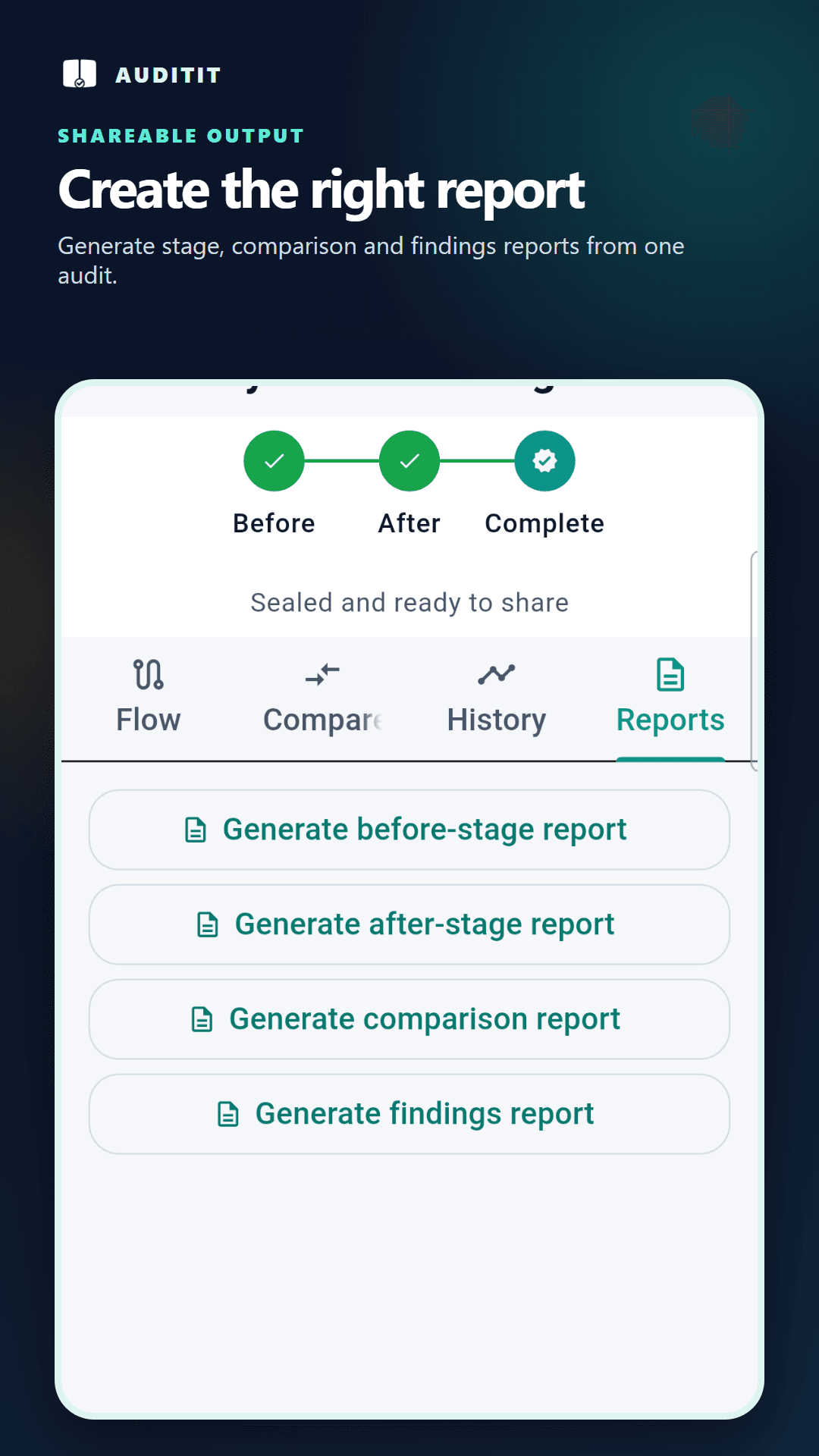 AuditIt mobile audit with stage, comparison, and findings report actions